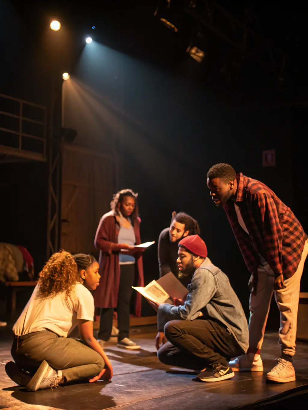 A captivating image of actors rehearsing a play at L'ANTRE DES CASCADES, highlighting their dramatic expressions and collaborative spirit.