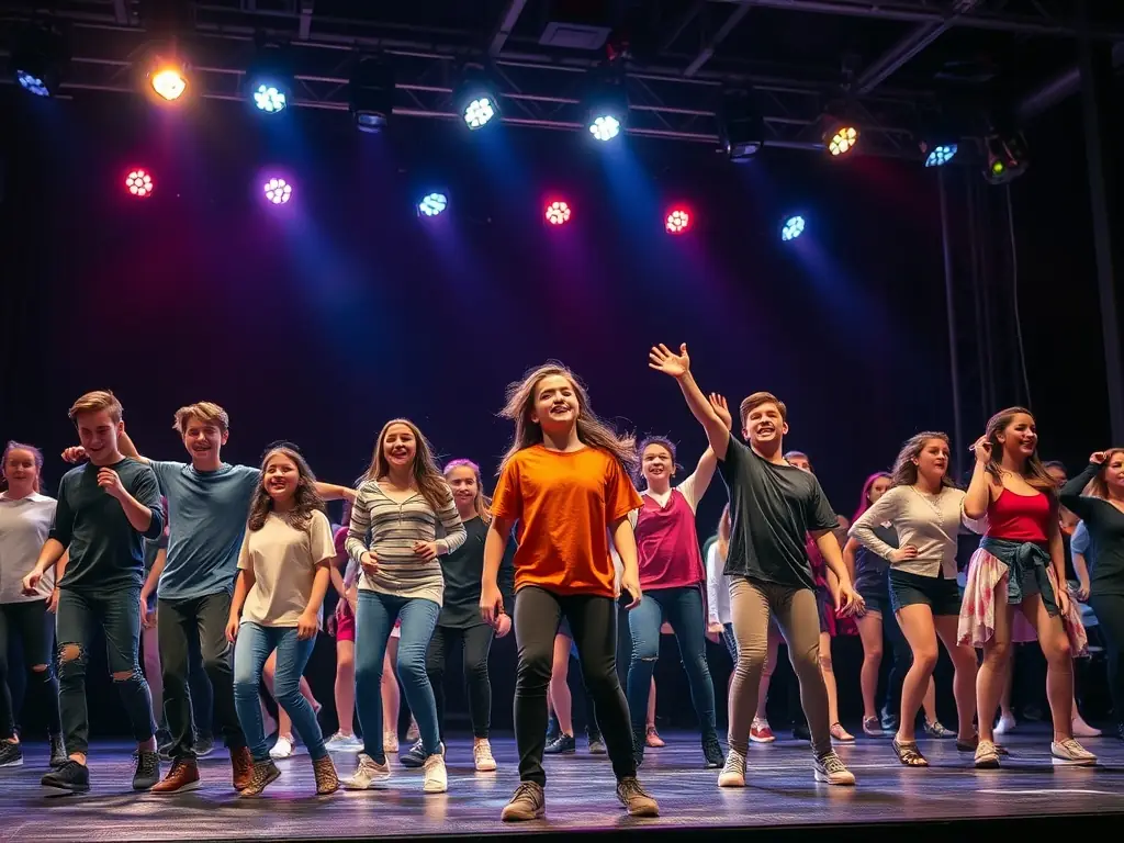 A dynamic image of participants engaged in a dance or theater workshop, expressing themselves through movement and performance.