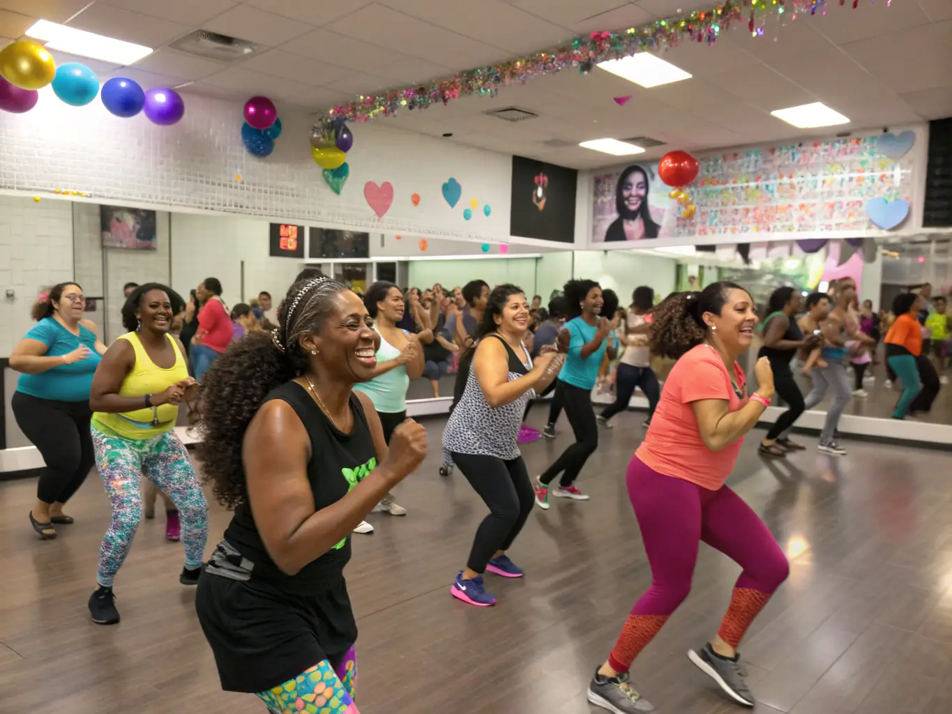 A vibrant scene from a dance workshop, showing participants of different ages and abilities moving to the music. The atmosphere is energetic and inclusive, with an instructor guiding the group.