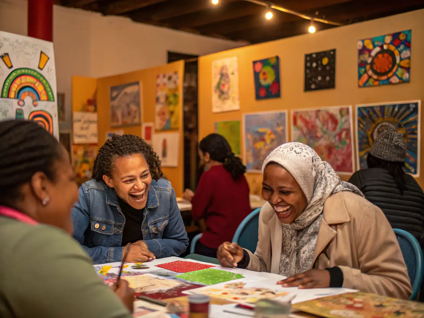 A vibrant image of diverse community members participating in an art workshop, with colorful paintings and lively interactions, showcasing the inclusive environment of L'ANTRE DES CASCADES.