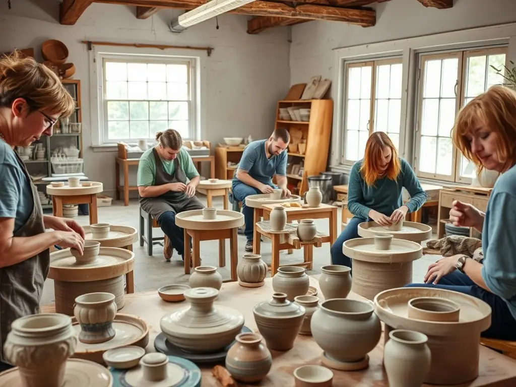 A group of diverse individuals participating in a pottery workshop, hands covered in clay, smiling and focused on their creations. The setting is a bright, open studio with various pottery tools and finished pieces displayed.