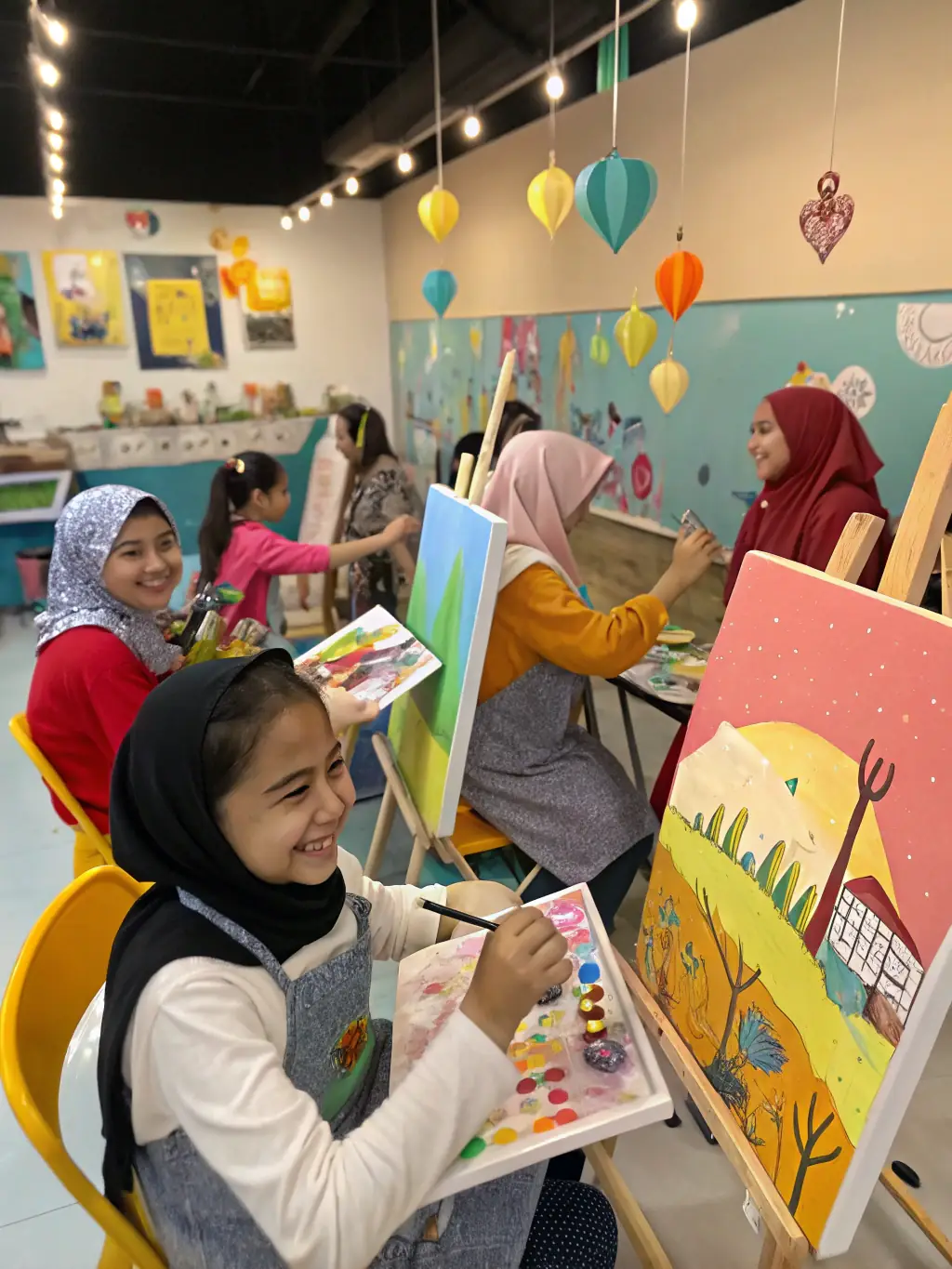 A vibrant image of children participating in a painting workshop at L'ANTRE DES CASCADES, showcasing their colorful artwork and enthusiastic expressions.