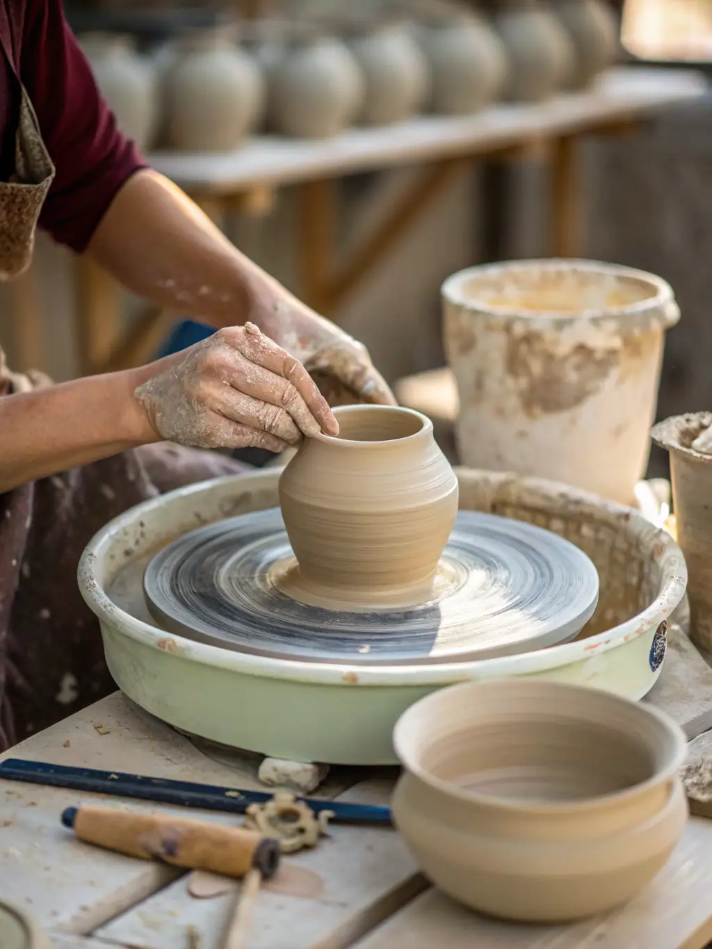 A close-up image of hands sculpting clay during a pottery workshop at L'ANTRE DES CASCADES, emphasizing the tactile and creative process.