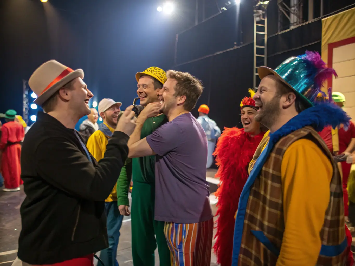 A colorful and dynamic image of a theater workshop, featuring participants rehearsing a scene with costumes and props. The setting is a small, intimate theater space with stage lighting.